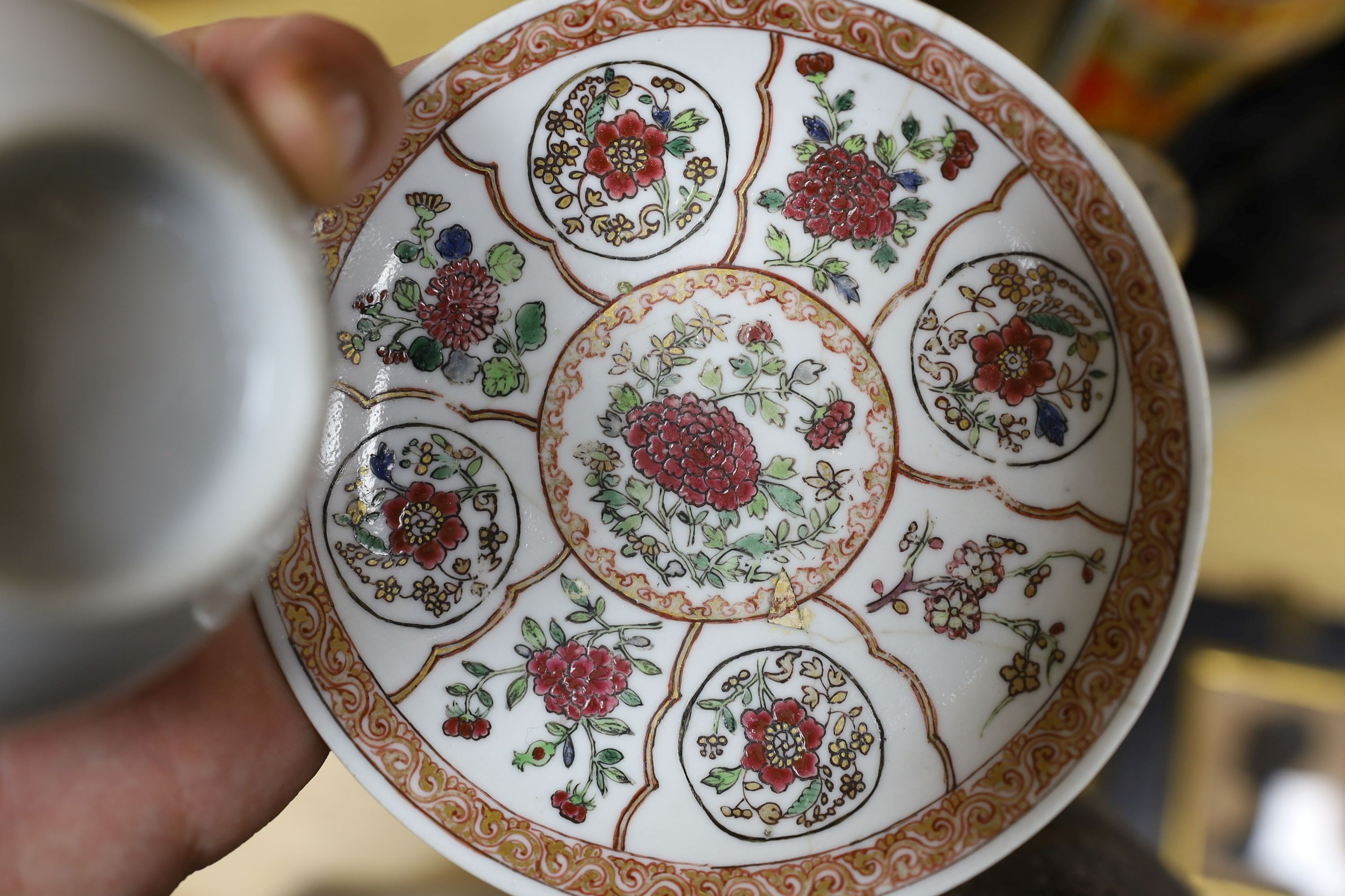 A selection of 18th century Chinese export wares, to include a teapot, tea bowls, saucers etc., some matching, tallest 16cm, (10)